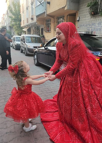 Kırmızı Parlak Payetli Kız Çocuk Abiye Elbise