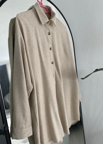 Bej Rahat Kesim Kadın Keten Gömlek - Görsel 3