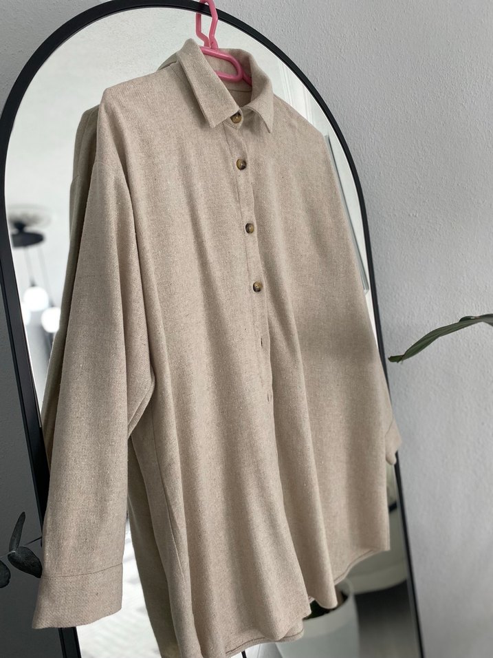 Bej Rahat Kesim Kadın Keten Gömlek - Görsel 5