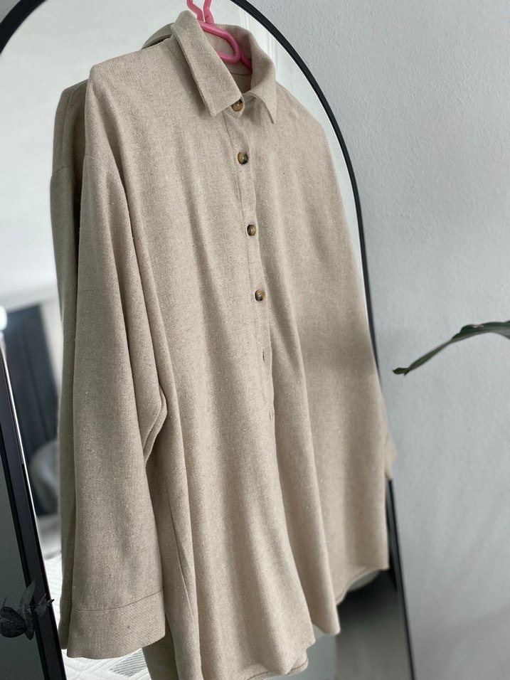 Bej Rahat Kesim Kadın Keten Gömlek - Görsel 3
