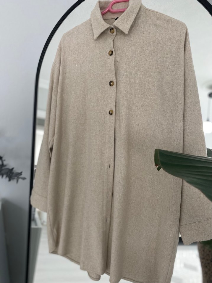 Bej Rahat Kesim Kadın Keten Gömlek - Görsel 2