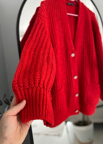 Kadın Kırmızı Örgü Salaş Hırka - Görsel 4