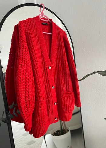 Kadın Kırmızı Örgü Salaş Hırka - Görsel 2