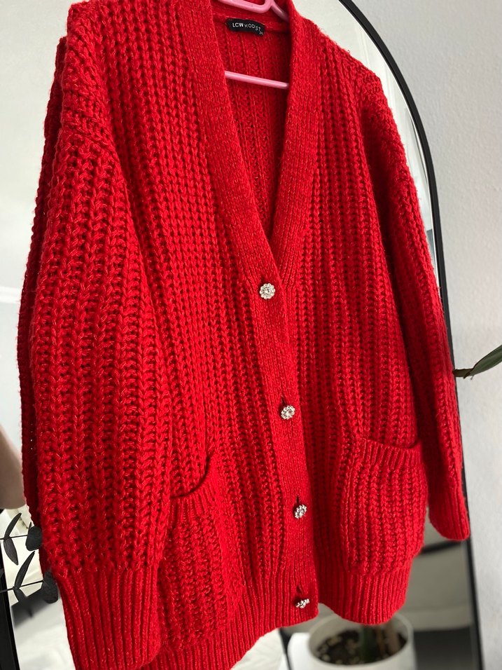 Kadın Kırmızı Örgü Salaş Hırka - Görsel 3