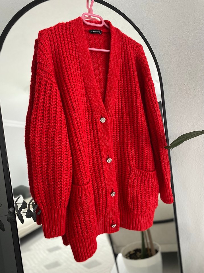 Kadın Kırmızı Örgü Salaş Hırka - Görsel 5