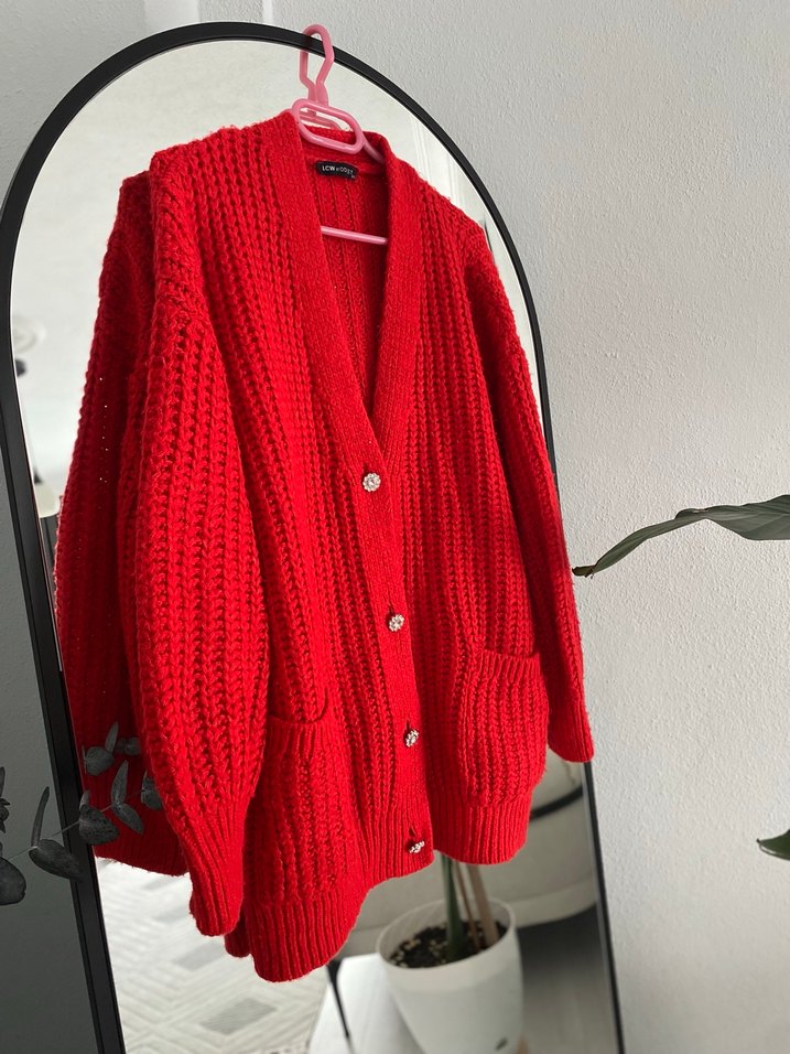 Kadın Kırmızı Örgü Salaş Hırka - Görsel 2