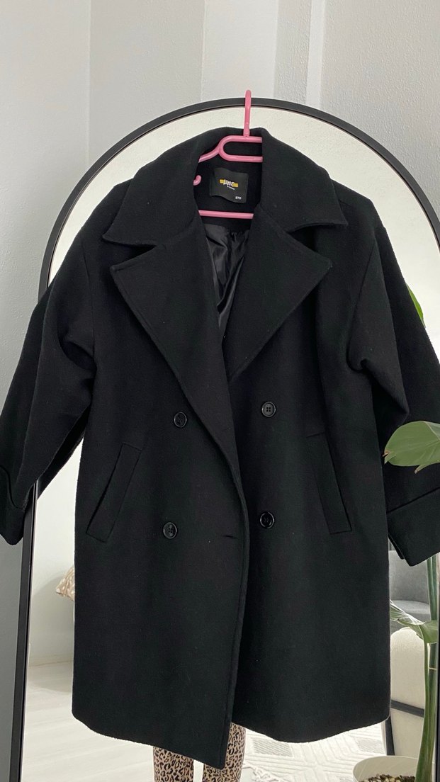 Siyah Çift Düğmeli Yün Kaban - Görsel 5