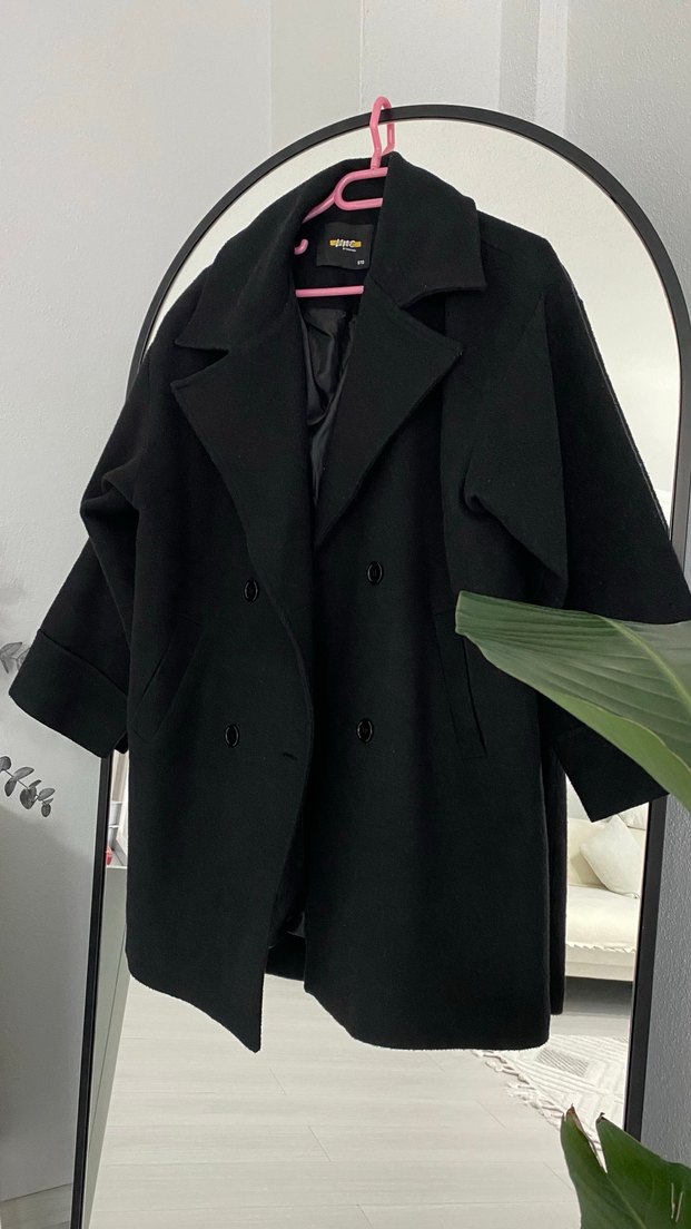 Siyah Çift Düğmeli Yün Kaban - Görsel 2