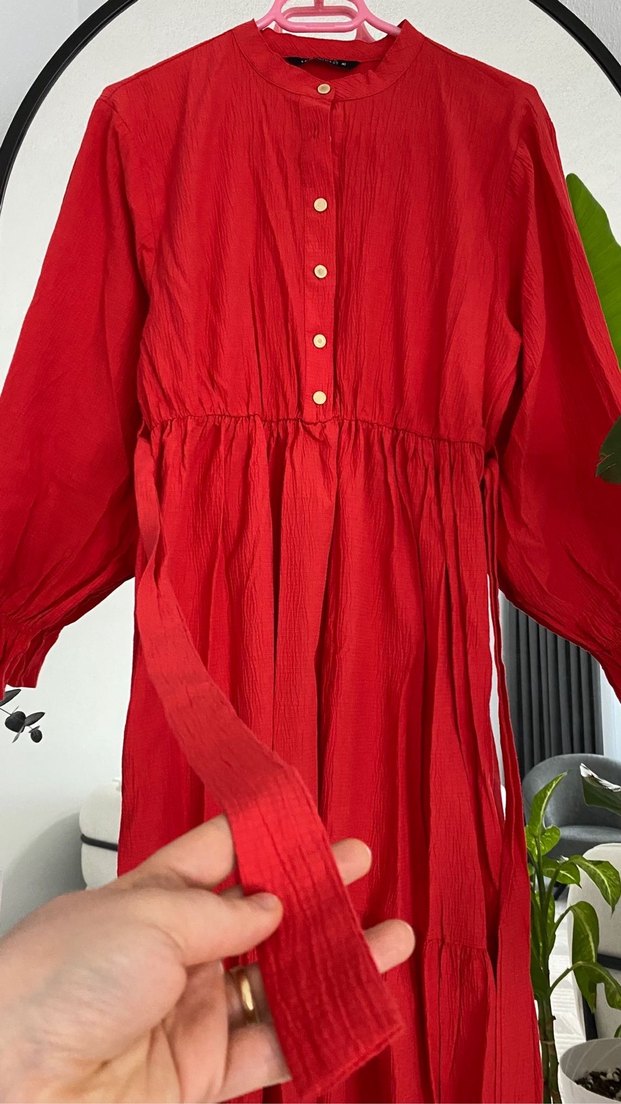Kırmızı Düğmeli Uzun Bohem Elbise - Görsel 4