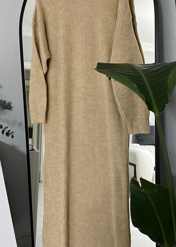 Bej Triko Uzun Kollu Salaş Elbise - Görsel 2