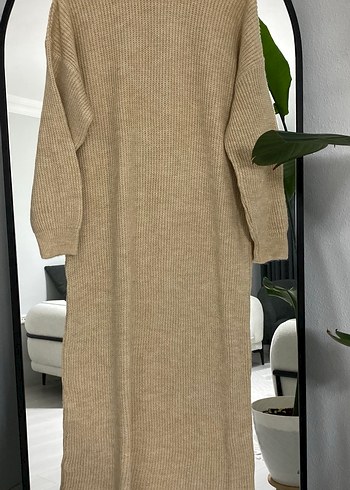 Bej Triko Uzun Kollu Salaş Elbise - Görsel 3