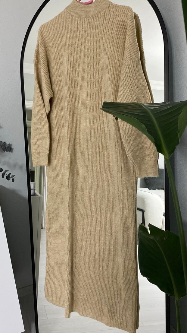 Bej Triko Uzun Kollu Salaş Elbise - Görsel 2