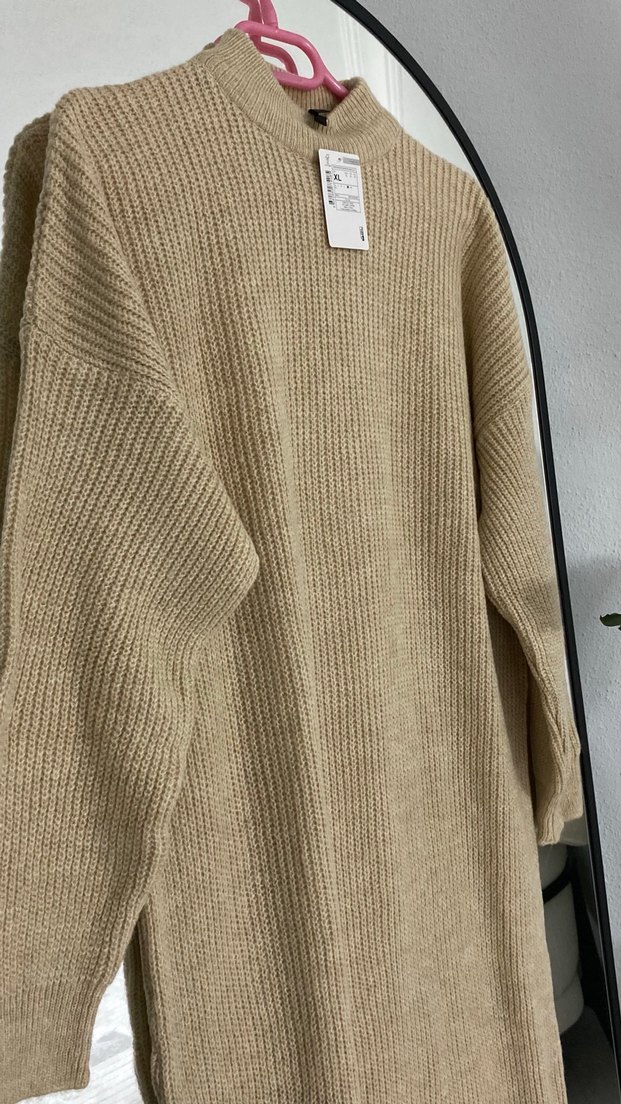 Bej Triko Uzun Kollu Salaş Elbise - Görsel 5