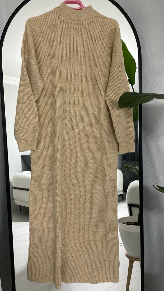 Bej Triko Uzun Kollu Salaş Elbise - Görsel 3