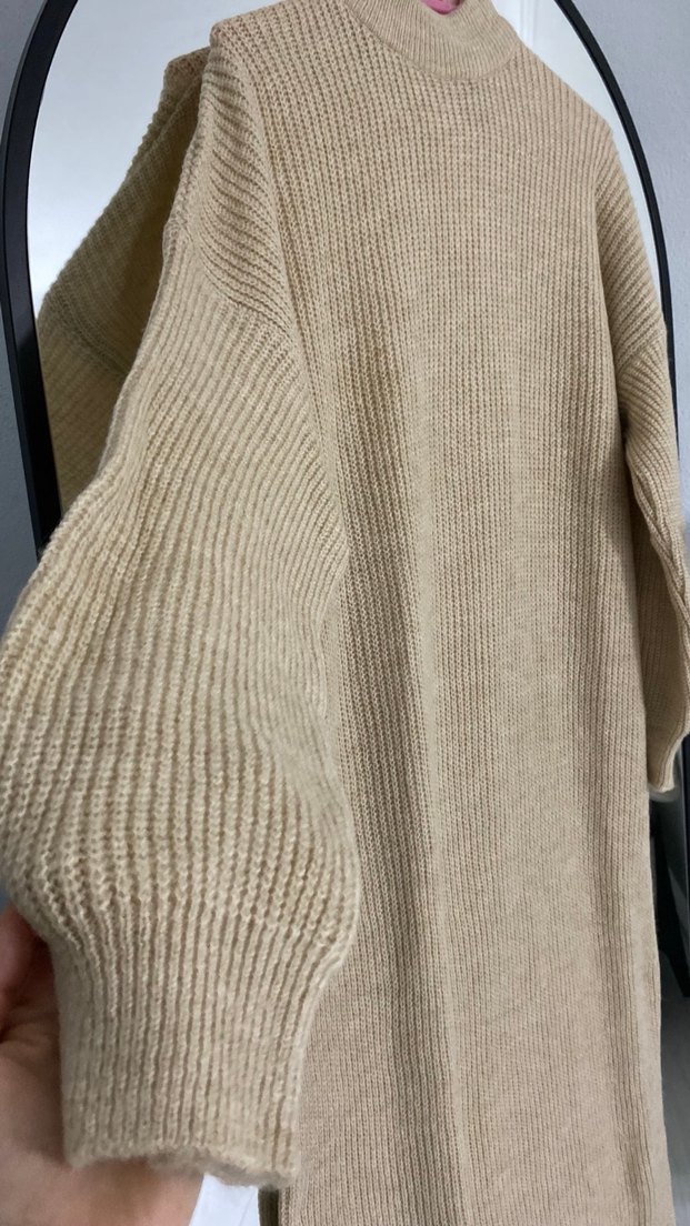 Bej Triko Uzun Kollu Salaş Elbise - Görsel 4