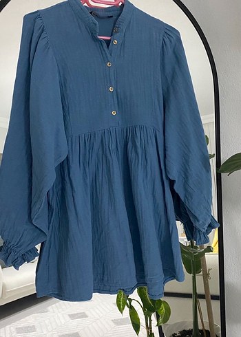 Düğmeli Mavi Bohem tunik - Görsel 2