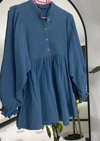 Düğmeli Mavi Bohem tunik - Görsel 4