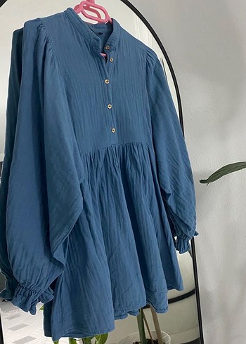 Düğmeli Mavi Bohem tunik - Görsel 3