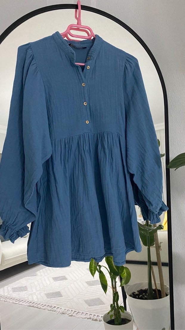 Düğmeli Mavi Bohem tunik - Görsel 2