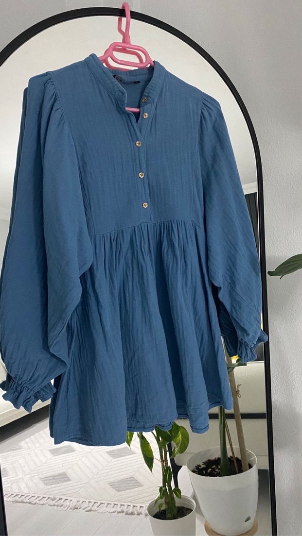 Düğmeli Mavi Bohem tunik - Görsel 4