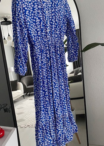 Mavi V Yakalı Uzun Bohem Elbise - Görsel 4