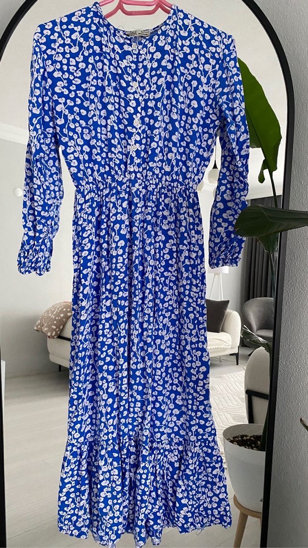 Mavi V Yakalı Uzun Bohem Elbise - Görsel 3