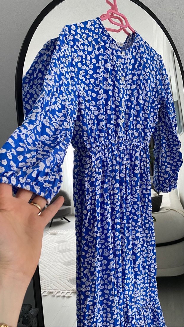 Mavi V Yakalı Uzun Bohem Elbise - Görsel 2