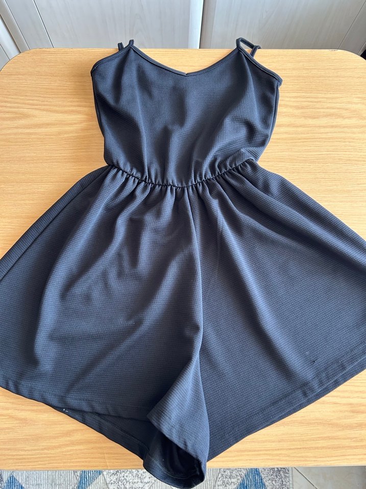 Siyah  Askılı Mini geniş şort Tulum - Görsel 2