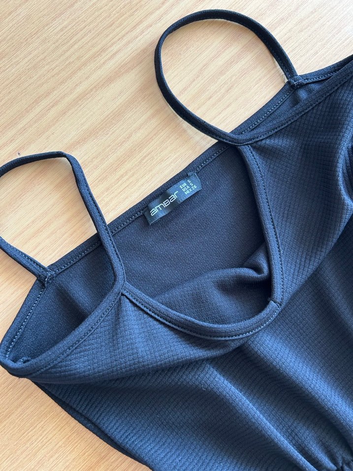 Siyah  Askılı Mini geniş şort Tulum - Görsel 5