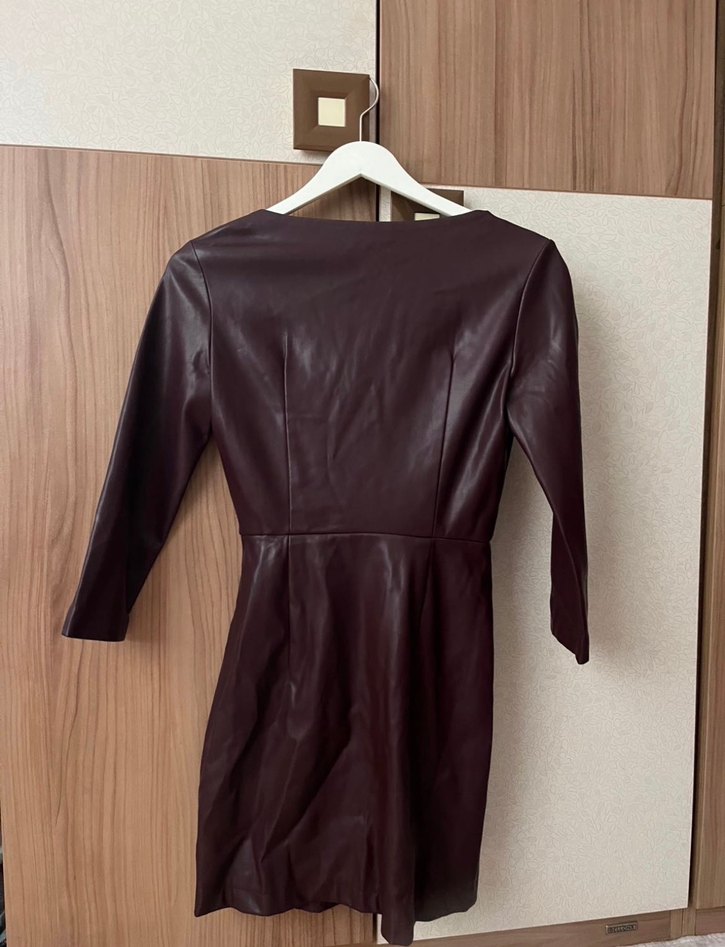 Bordo Deri Midi elbise - Görsel 2