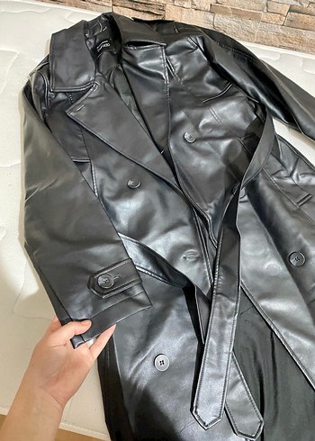 Siyah Uzun Deri Kadın Ceket - Görsel 3