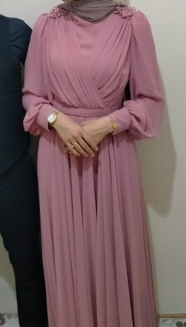 Pudra Uzun Kollu Drapeli Abiye Elbise - Görsel 2