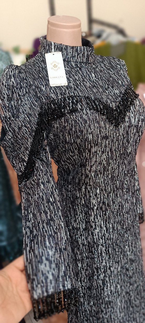 siyah gümüş simli Uzun Kollu Uzun Abiye - Görsel 3