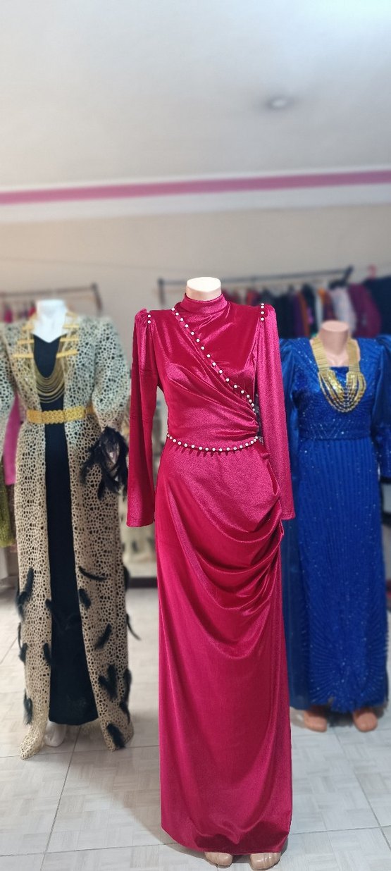 Bordo Uzun  Kadın incili Abiye Elbise - Görsel 2