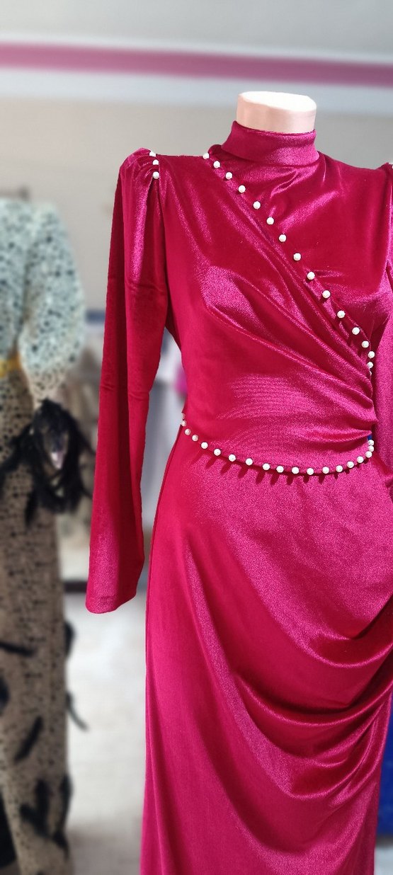 Bordo Uzun  Kadın incili Abiye Elbise - Görsel 3