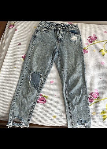 Gri Batik Desenli Bol Kesim Kadın Kot Pantolon