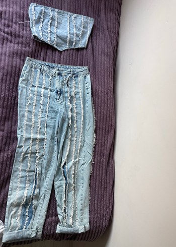 40 Beden Gri Mavi Pilili Bağcıklı Kadın Midi Kot Pantolon takım