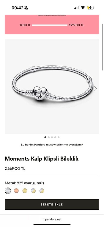  Beden gri Renk Orijinal Pandora Moments Kalp Klipsli Bileklik