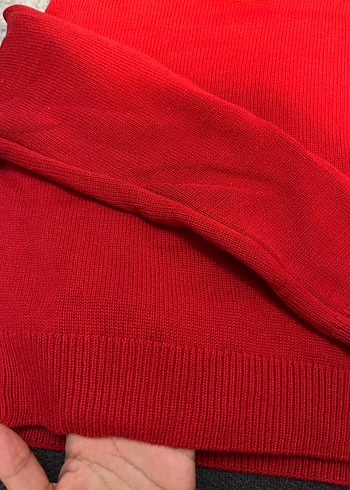 Kırmızı Boğazlı Örgü Kadın Kazak Koton - Görsel 2