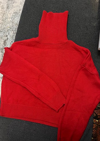 Kırmızı Boğazlı Örgü Kadın Kazak Koton - Görsel 3