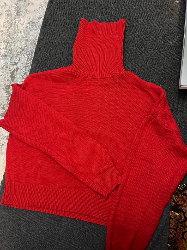 Kırmızı Boğazlı Örgü Kadın Kazak Koton - Görsel 3