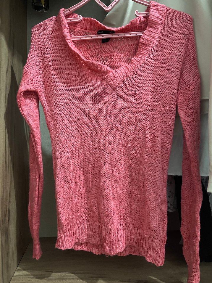 Pembe V Yaka Örgü Kadın Kazak - Görsel 4