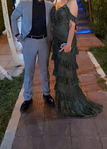 Koyu yesil Uzun Fırfırlı Strappy Elbise
