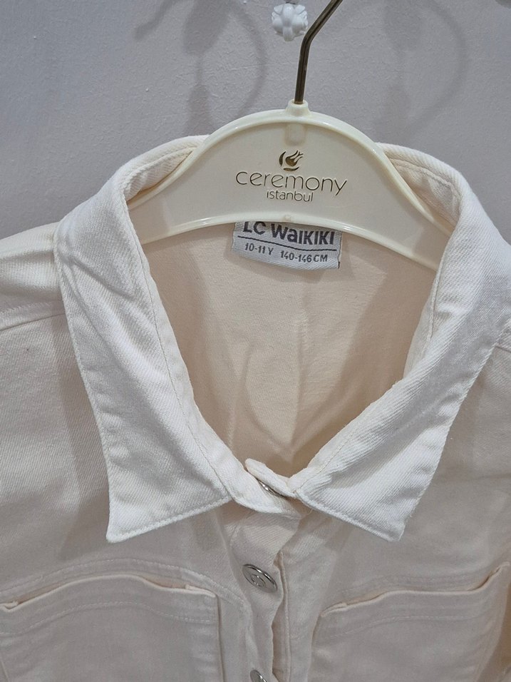 Beyaz Keten Kız Gömlek Uzun Kollu - Görsel 4