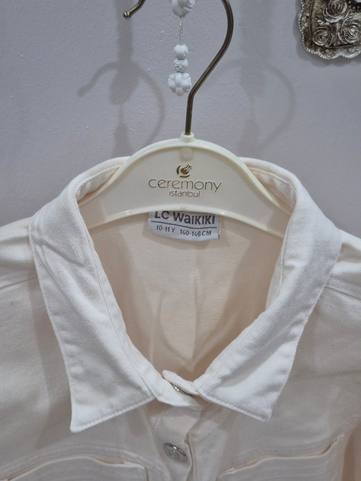 Beyaz Keten Kız Gömlek Uzun Kollu - Görsel 3