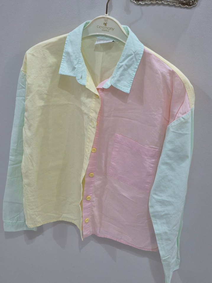 Pastel Renkli Bağlama Desenli Pamuklu Kadın Gömlek - Görsel 2