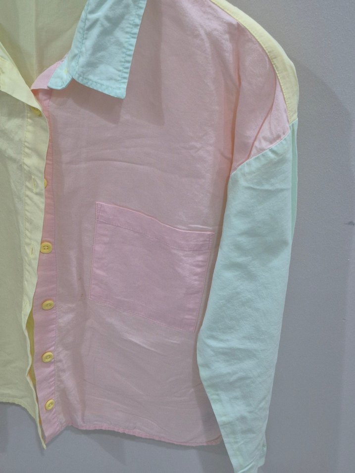 Pastel Renkli Bağlama Desenli Pamuklu Kadın Gömlek - Görsel 5