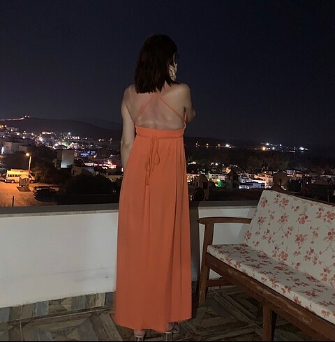 s Beden turuncu Renk Turuncu uzun yırtmaçlı elbise