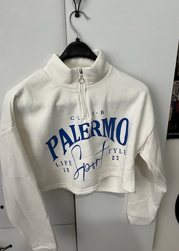 Beyaz Baskılı Yarım Fermuarlı Kadın Sweatshirt