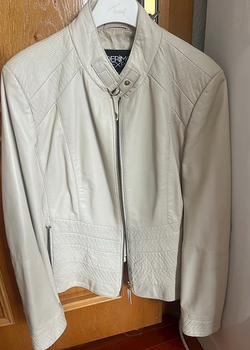 Bej Kadın Deri Ceket Fermuarlı - Görsel 2